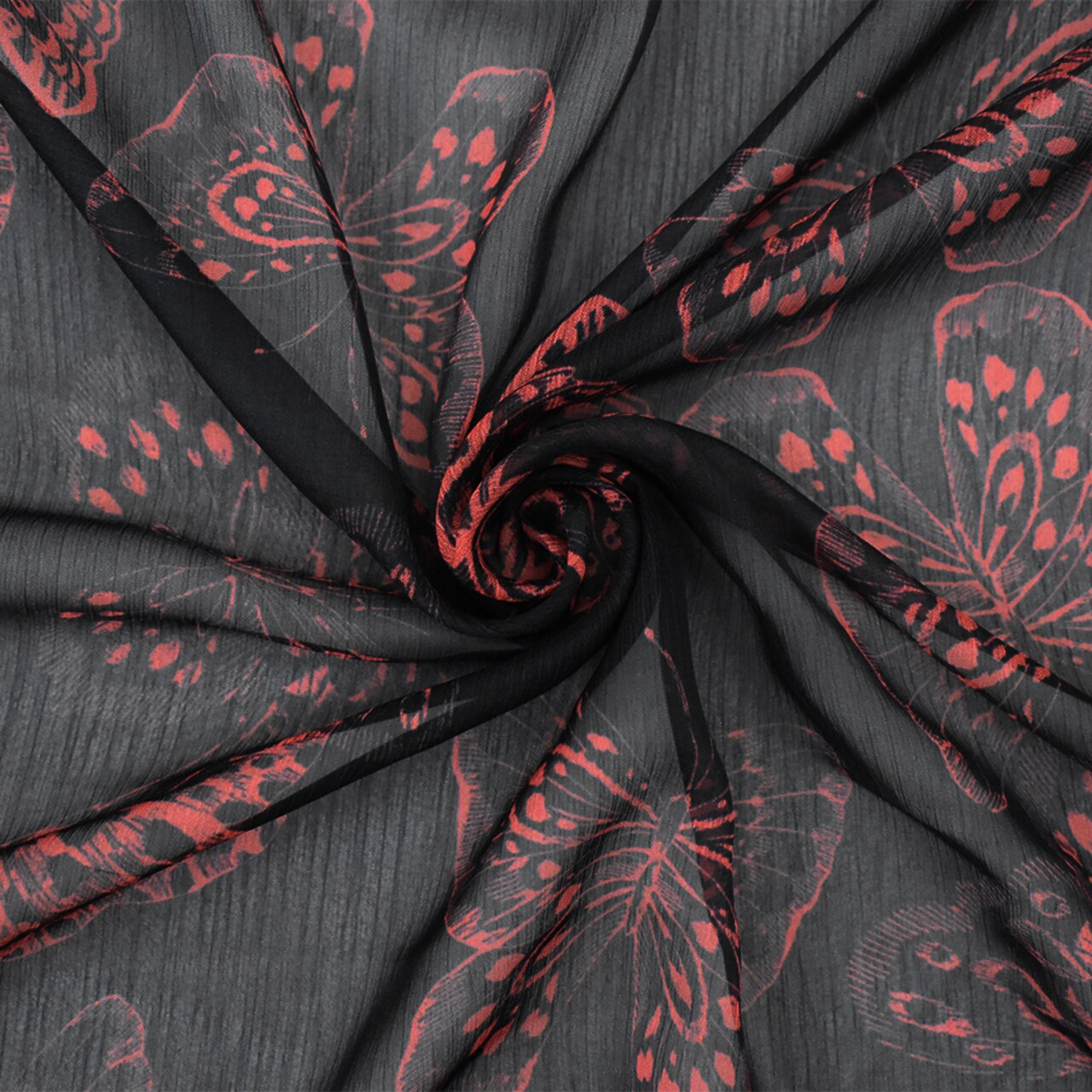 Black-Red Butterfly Printed Yoryu Chiffon Woven Fabric By the Yard